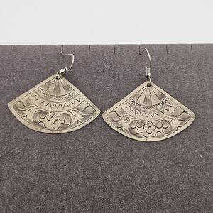Silver Tone Ornamental Fan Dangle Drop Hook Style Earrings Asian Inspired Artsy